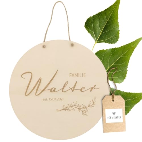 HOFMEISTER® Personalisiertes Türschild mit Familienname Gravur des Nachnamens, individuelles Schild Holzschild Name Haustür - mit Aufhänger - Geschenk Einzug Hausbau Richtfest Namensschild, 20 cm von Hofmeister Holzwaren