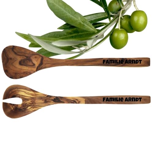 HOFMEISTER® Salatbesteck Olivenholz personalisierte Gravur - Geschenk zur Hochzeit, zum Einzug, Jubiläum, Geburtstag - Küchenhelfer mit Wunschtext, Holzlöffel, Salatlöffel, 2-teilig, 31 cm von Hofmeister Holzwaren