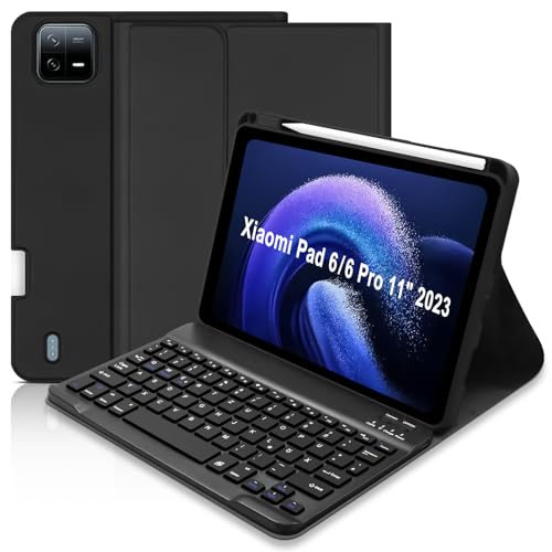 Hofsos Schutzhülle mit Tastatur für Xiaomi Pad 6/Pad 6 Pro 27,9 cm (11 Zoll), Bluetooth, spanische Tastatur, mit abnehmbarer Tastatur mit Stifthalter für Xiaomi Redmi Pad 6, 27,9 cm (11 Zoll), Schwarz von Hofsos