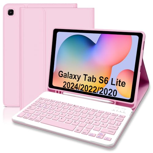 Hülle mit Tastatur für Samsung Galaxy Tab S6 Lite 2024/2022/2020, Schutzhülle mit Pencil Halter Wireless Tastatur (Deutsches Layout) für Tab S6 Lite 10,4' (P610/P613/P615/P619/P620/P5625), Rosa von Hofsos