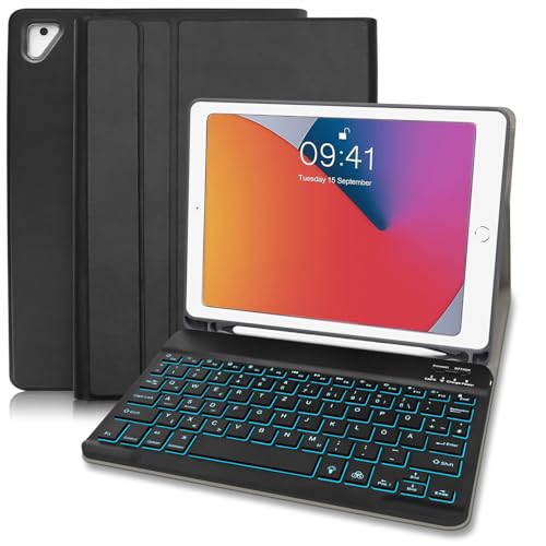 Hofsos für iPad 6. Generation Hülle mit Tastatur - Kompatibel mit iPad 5. Gen 2017 (Deutsches Layout) - Slim Schutzhülle mit Pencil Halter, Wireless Beleuchtete Tastatur, Schwarz von Hofsos