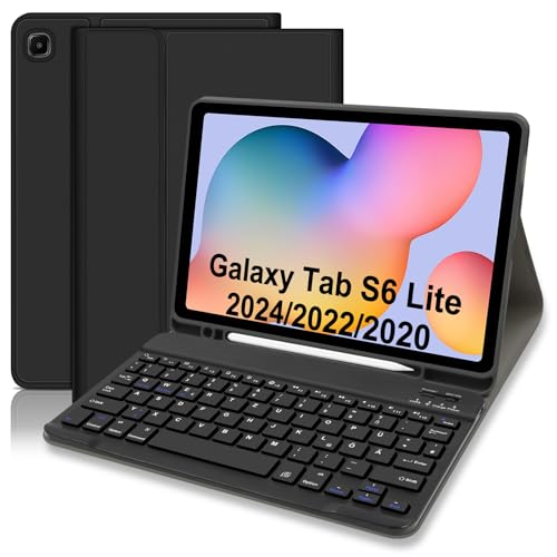 Hülle mit Tastatur für Samsung Galaxy Tab S6 Lite 2024/2022/2020, Schutzhülle mit Pencil Halter Wireless Tastatur (Deutsches Layout) für Tab S6 Lite 10,4' (P610/P613/P615/P619/P620/P5625), Schwarz von Hofsos