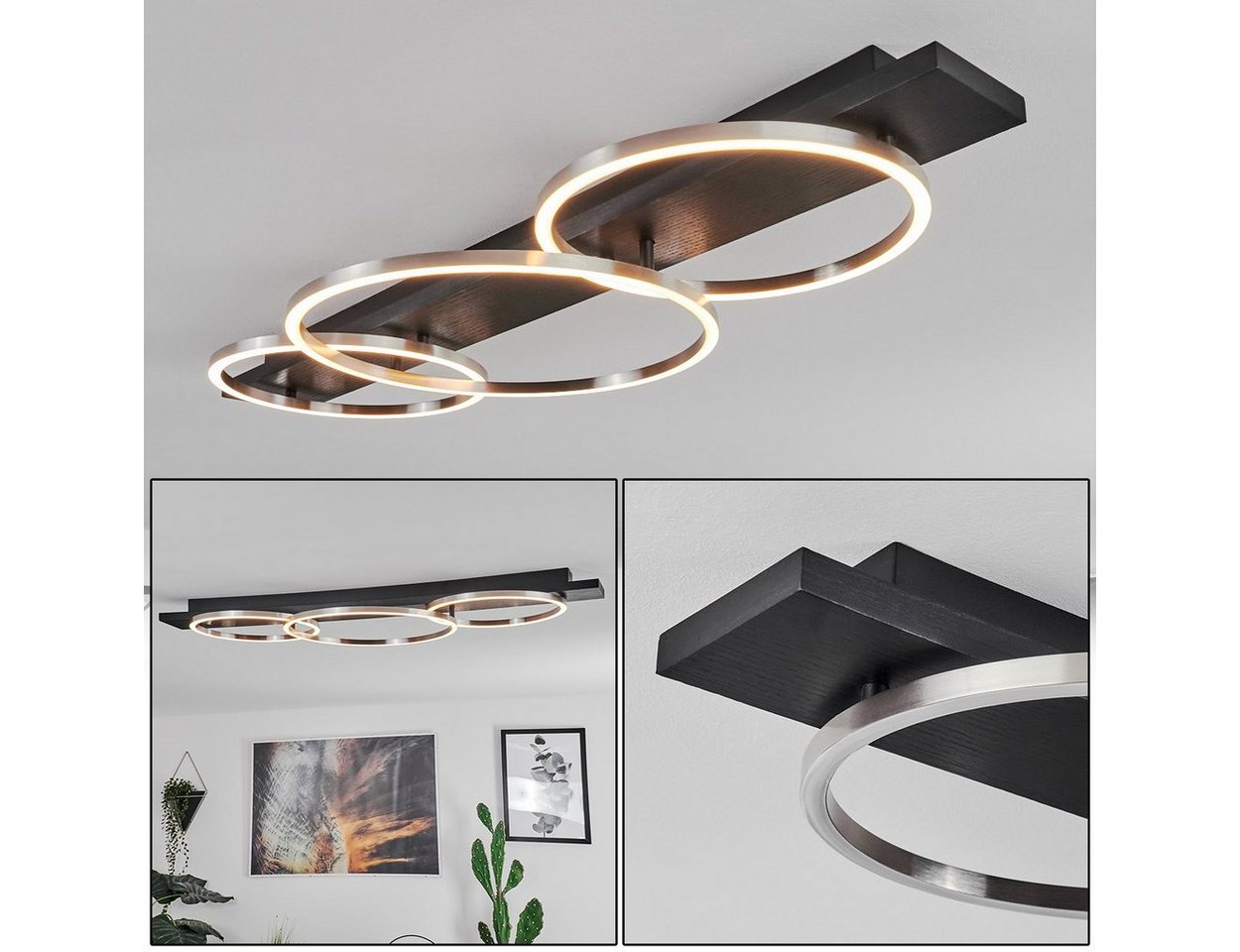 hofstein Deckenleuchte »Palermo« Deckenlampe, Metall/Holz/Kunststoff, Schwarz/Nickel-matt, 3000 Kelvin, eckige Leuchte mit Balken aus Echtholz, LED 12 Watt, 5100 Lumen, Weiß von hofstein