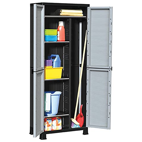 Hogotin Kunststoffschrank Aufbewahrungsschrank Besenschrank Putzschrank Mehrzweckschrank Garage Schrank Haushaltsschrank Universalschrank Kellerschrank 68x39x171,5 cm, 6 Fachböden Grau und Schwarz von Hogotin