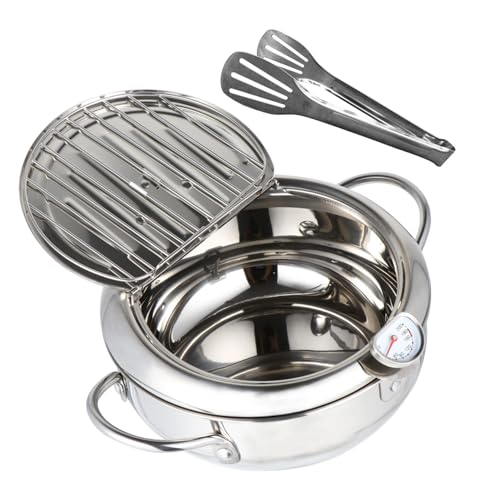 Hohopeti Einstellbarer Japanischer Tempura Frittierpot aus Edelstahl mit Thermometer Induktionsgeeignet für Gas und Elektroherde Inklusive Edelstahl Lebensmittelzange Schnelle von Hohopeti