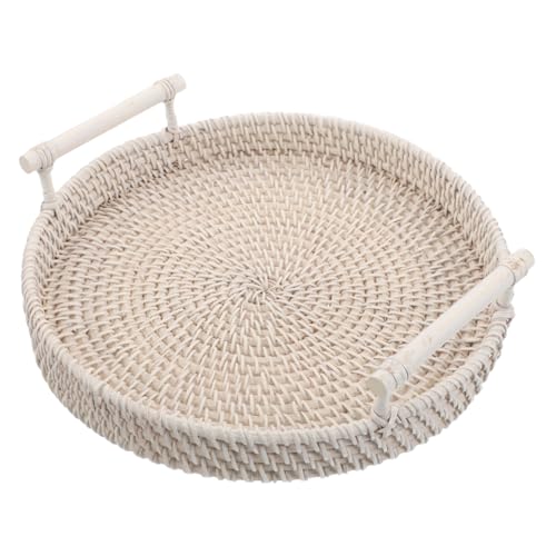Hohopeti Rundes Rattan Serviertablett Handgewebt mit Weißen Griffen Atmungsaktives Aufbewahrungstablett für Snacks Obst Brot und Gästehandtücher Robust und Vielseitig für Küche und von Hohopeti