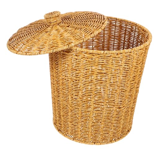 Hohopeti Rustikaler Aufbewahrungskorb mit Deckel PP Kunststoff Imitation Rattan Geflecht Vielseitiger Haushaltskorb für Schlafzimmer als Müllbehälter Sammelkorb und Ordnungshelfer von Hohopeti