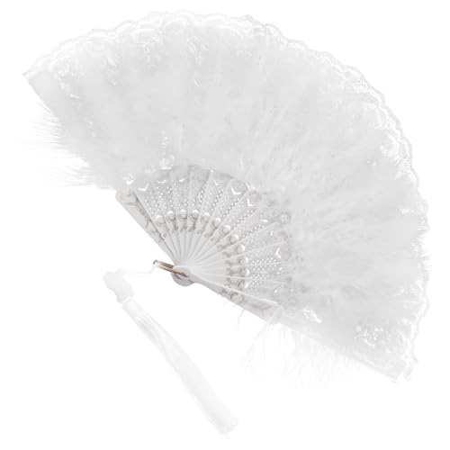 Hohopeti Vintage Faltbarer Spitzen-handfächer mit Federn Eleganter Damen Handfächer für Hochzeit Party Tanz und Sommer Robuster Faltbarer Fächer mit Metallrahmen Vielseitiges Accessoire für von Hohopeti