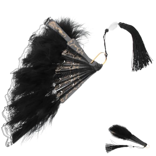 Hohopeti Vintage Spitzen-handfächer mit Federn Dekorativ mit Quaste Vielseitiger Faltfächer für Damen Geeignet für Tanz Party Performance und Sommerliche Nutzung von Hohopeti