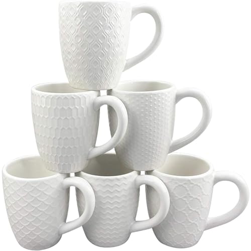 Hoikwo 380ml Kaffeetassen Set 6er, Kaffeebecher mit Reliefmuster – Moderne Becher Porzellan für Kaffee, Tee, Cappuccino, Latte, Milch, Kakao, Saft und weitere Heißgetränke (Weiße Tassen) von Hoikwo