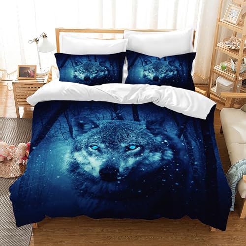 Hoimlm Bettwäsche Bettbezug 3D Wolf Print Betten Set Kinder Erwachsene,3 Teilig Mikrofaser Bettbezug mit Reißverschluss und 2 Kissenbezug,Weich Haltbar Atmungsaktive (Nacht Wolf, 135X200cm) von Hoimlm