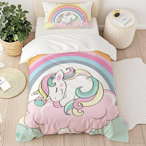 Hoimlm Einhorn Bettwäsche,Kinder Bettwäsche Set mit Bettbezug and 1 Kissenbezug,Cartoon Einhorn mikrofaser Soft Mädchen Bettwaren, mit Reißverschluss (Style B, 90 x 190cm) von Hoimlm