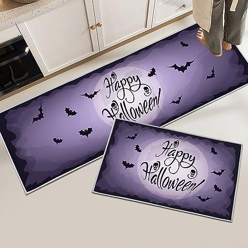 Hoimlm Halloween Küchenteppich Set Waschbar Rutschfester,Kürbis & Fledermäuse Teppich mit 2 Stück,Erntedank Halloween Party Dekoratione Bodenmatten für Flur,Küche,Wohnzimmer (Stil A, 40x60+40x120cm) von Hoimlm