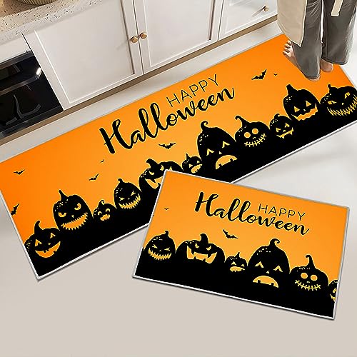 Hoimlm Halloween Küchenteppich Set Waschbar Rutschfester,Kürbis & Fledermäuse Teppich mit 2 Stück,Erntedank Halloween Party Dekoratione Bodenmatten für Flur,Küche,Wohnzimmer (Stil C, 40x60+40x120cm) von Hoimlm