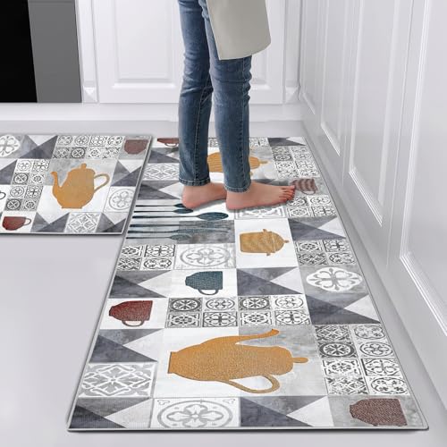 Hoimlm Küchenteppiche 2 Stück, Rutschfestes Küchenmatten, Küchenmatten Set Mit Schiebeaufkleber für Badezimmer/Wohnzimmer Flur, rutschfest Wasserdicht & Leicht abwaschbar (Style C, 43x75+43x150cm) von Hoimlm