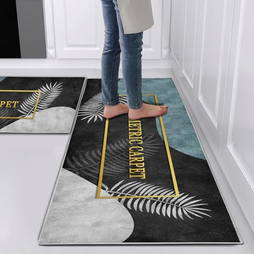 Hoimlm Küchenteppiche 2 Stück, Rutschfestes Küchenmatten, Küchenmatten Set Mit Schiebeaufkleber für Badezimmer/Wohnzimmer Flur, rutschfest Wasserdicht & Leicht abwaschbar (Style E, 43x75+43x150cm) von Hoimlm