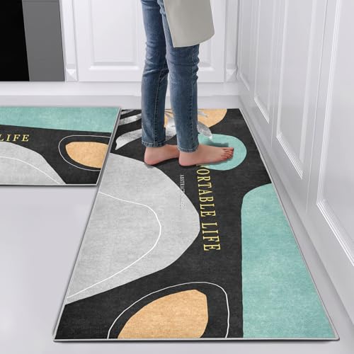 Hoimlm Küchenteppiche 2 Stück, Rutschfestes Küchenmatten, Küchenmatten Set Mit Schiebeaufkleber für Badezimmer/Wohnzimmer Flur, rutschfest Wasserdicht & Leicht abwaschbar (Style F, 43x75+43x150cm) von Hoimlm