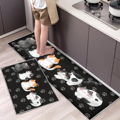 Hoimlm Küchenteppiche 2 Stück, Rutschfestes Küchenmatten,Wasser und Öl aufnehmen Küche Matten Fußmatte Teppich Set,Staubdicht Fußmatte für Drinnen (43x75+43x150cm, Kätzchen) von Hoimlm