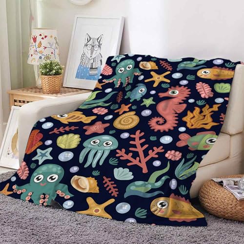 Hoimlm Kuscheldecke, Seepferdchen Seestern Kuscheldecken, Sanft Flanell Weich Fleecedecke, Kinder kuscheldecke, mikrofaser Couchdecke, Marine Life Decke Geschenke (Maritime Welt A, 130 x 150 cm) von Hoimlm