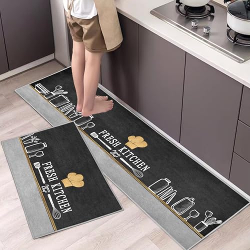Hoimlm Küchenteppiche 2 Stück, Rutschfestes Küchenmatten,Wasser und Öl aufnehmen Küche Matten Fußmatte Teppich Set,Staubdicht Fußmatte für Drinnen (40x60+40x120cm, Chefhut) von Hoimlm