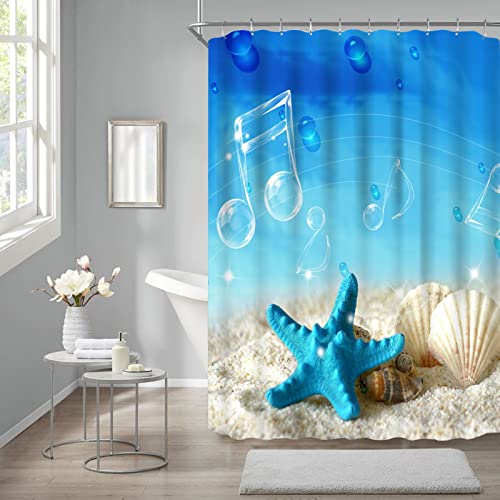 Duschvorhang Muscheln, Shower Curtains Anti Mold Sandmuschel Seesterne und Musiknoten Duschvorhang 90x180 Waschbar Blau mit 8 Haken von Hoisy