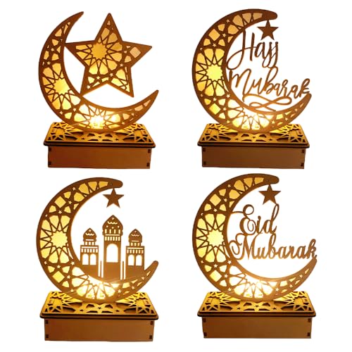 Hojalis Ramadan Deko Holz LED Lampe, 4Pcs Ramadan LED Lampe, Nachtlicht Eid Mubarak Ornamente DIY Holz, Ramadan Dekoration LED Lamp, Halbmond Nachtlicht Für Zuhause, Büro Dekoratives DIY Geschenk von Hojalis