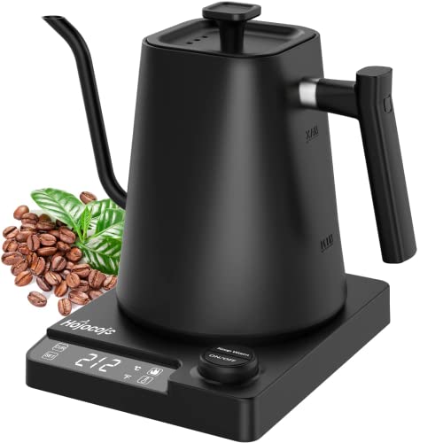 Edelstahl Wasserkocher mit Temperatureinstellung,Schwanenhals Wasserkocher,24h Warmhaltefunktion,Teekocher Elektrisch mit Temperaturanzeige,Coffee Kettle,1L,1200W,Schwarz von Hojocojo