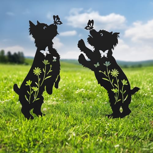 Hokfirm Metall-Gartendekoration für draußen, 2 Stück, Silhouetten-Yorkie-Gartenstecker Dekoration, Hunde-Gartenstatuen von Hokfirm