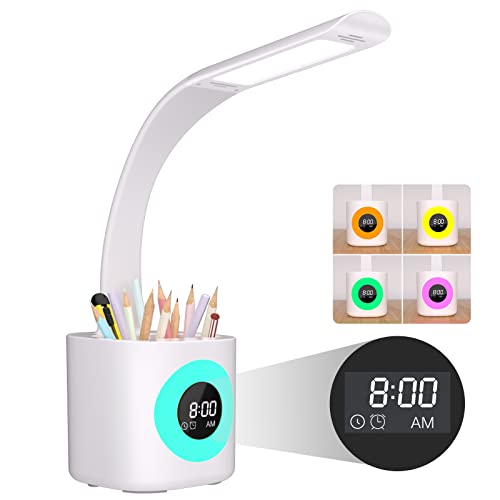 Hokone Schreibtischlampe Kinder, Dimmbar LED Schreibtischleuchte mit Stifthalter, Uhr, Wecker, Farbnachtlicht, USB-Anschluss, 4 Farbtemperatur/5 Helligkeitsstufen für Arbeit, Studium, Büro von Hokone