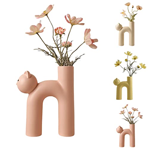 Cat Vase, Cat Shaped Ceramic Flower Vase, Cat Tail Floral Vase, Cat Proof Flower Vase for Home Decoration (Pink) von Hokuto