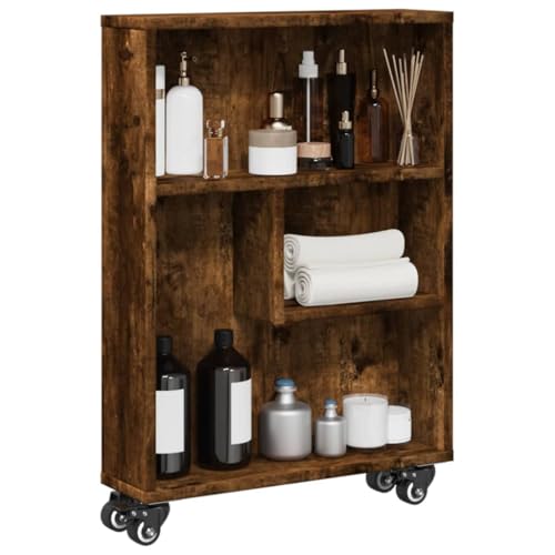 Aufbewahrungswagen Schmal Räuchereiche 48x13x68cm, Holzwerkstoff Rollwagen mit 4 Rollen, Praktischer Küchenwagen für Bad & Wohnzimmer, Robust & Feuchtigkeitsbeständig von Holamys