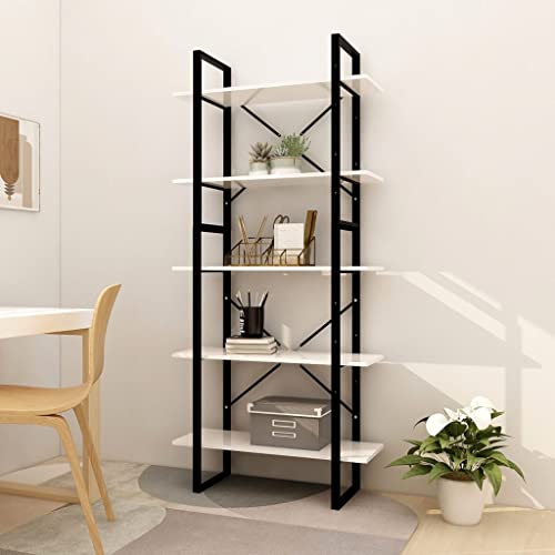 Bücherregal 5 Fächer Weiß 80x30x175 cm Holzwerkstoff mit Metallrahmen, Modernes Standregal für Wohnzimmer Büro, Vielseitiger Stauraum für Bücher Dekoration von Holamys