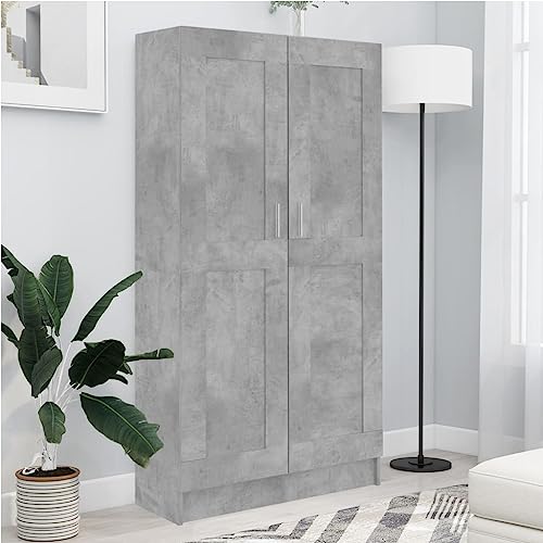 Bücherregal Betongrau 82,5x30,5x150 cm, Holzwerkstoff, Standregal mit 4 Fächern und 2 Türen für Wohnzimmer, Büro und Schlafzimmer von Holamys
