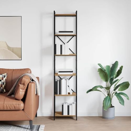 Bücherregal Eiche handwerklich, 40x30x188cm Regal mit Stahlelementen, Holzwerkstoff Standregal für Wohnzimmer, Büro, Schlafzimmer von Holamys