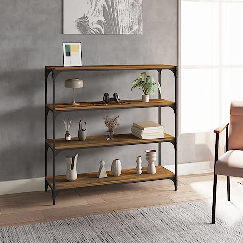 Bücherregal Räuchereiche 100x33x100 cm, Holzwerkstoff und Stahl, vielseitiges Standregal mit 4 Ebenen, robuster Stauraum für Wohnzimmer, Büro, Medien und Dekoration von Holamys