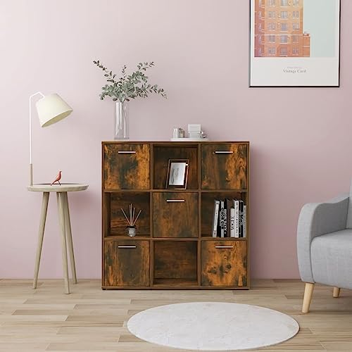 Bücherregal Räuchereiche 90x30x90 cm, Holzwerkstoff, 9 Fächer mit 5 Türen, moderner Cube Storage Organizer für Wohnzimmer, Büro und Schlafzimmer von Holamys