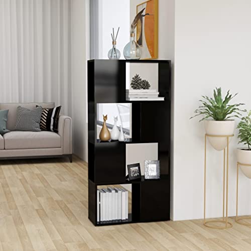 Bücherregal Raumteiler Hochglanz-Schwarz, 60x24x124,5 cm, Holzwerkstoff mit 4 Fächern, vielseitiger Cube Organizer für Wohnzimmer und Büro von Holamys