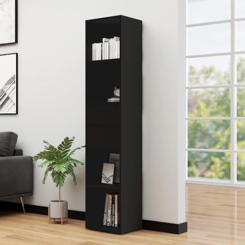 Bücherregal Schwarz 36x30x171 cm Holzwerkstoff, Modernes Standregal mit 4 Ablagen & 2 Schubladen, Vielseitiger Bücher Cubes Organizer für Wohnzimmer, Büro & Flur von Holamys