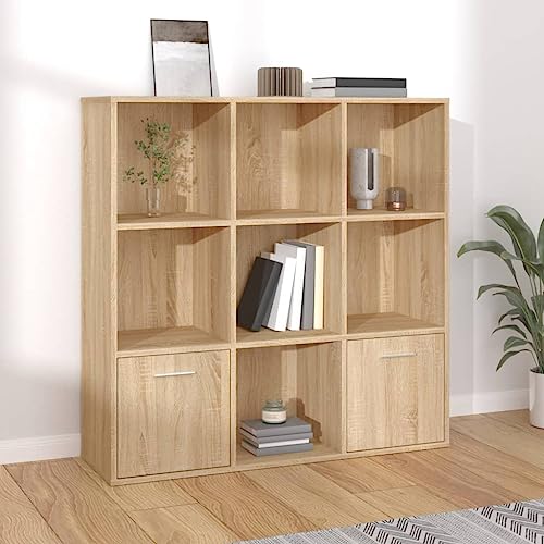 Bücherregal Sonoma-Eiche 98x30x98 cm Holzwerkstoff, Standregal mit 7 offenen Würfeln & 2 Türen, vielseitiger Cube Organizer für Wohnzimmer, Büro, Schlafzimmer von Holamys