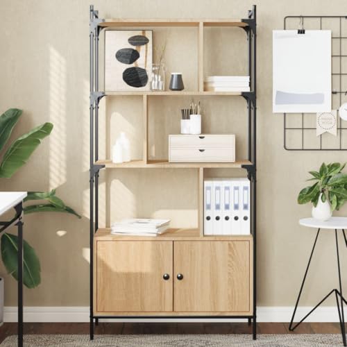 Bücherregal Sonoma-Eiche mit Tür, 76,5x30x154,5 cm, Holzwerkstoff, Stabiler Stahlrahmen, vielseitiger Cube Organizer für Wohnzimmer, Büro und Schlafzimmer von Holamys