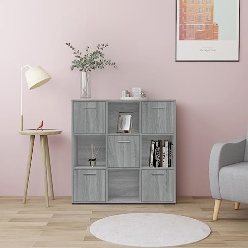 Bücherregal Sonoma Grau 90x30x90 cm, Holzwerkstoff Würfelregal mit 9 Fächern und Türen, Moderner Stauraum Organizer für Wohnzimmer, Büro von Holamys
