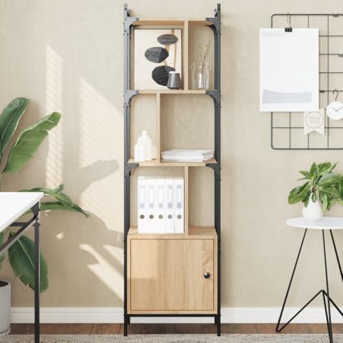 Bücherregal mit Tür Sonoma-Eiche 44,5x30x154,5 cm, Holzwerkstoff, stabiles Standregal mit Stahlrahmen für Bücher, Deko und Büro von Holamys