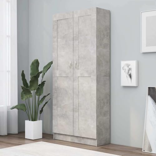 Bücherschrank Betongrau 82,5x30,5x185,5 cm, Holzwerkstoff mit 5 Fächern und 2 Türen, vielseitiger Bücherregal für Wohnzimmer, Büro und Arbeitszimmer von Holamys