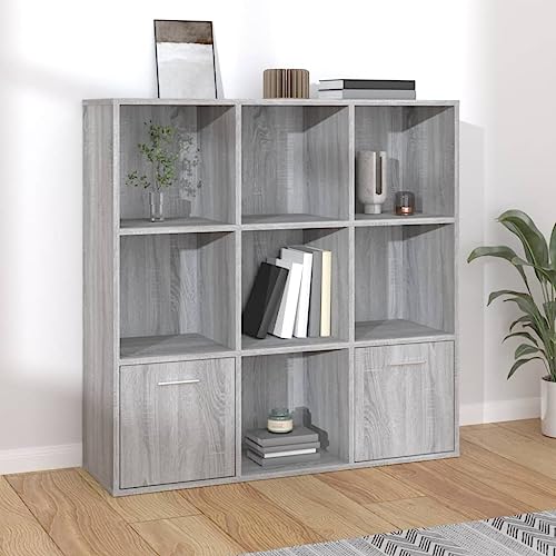 Bücherschrank Grau Sonoma 98x30x98 cm, Eleganter Holzwerkstoff Cube Organizer mit 7 Fächern & Türen, Vielseitiges Bücherregal für Wohnzimmer, Büro und Arbeitszimmer von Holamys