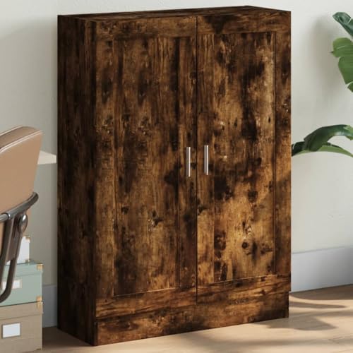 Bücherschrank Räuchereiche 82,5x30,5x115 cm aus Holzwerkstoff mit 3 Fächern und 2 Türen, vielseitiger Aufbewahrungsschrank für Bücher, DVDs und Dekoration von Holamys