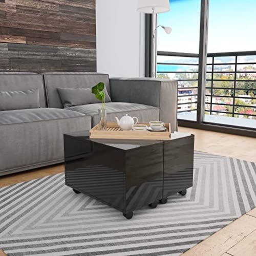 Couchtisch Hochglanz-Schwarz 60x60x35 cm, aus Holzwerkstoff, erweiterbar mit Stauraum, Rollen, elegant für Wohnzimmer, moderner Kaffeetisch von Holamys