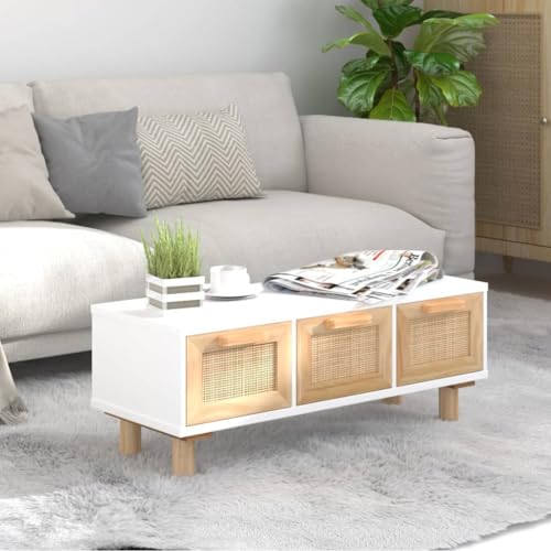 Couchtisch Weiß 80x40x30 cm, Holzwerkstoff & Massivholz Kiefer, 3 Rattan-Schubladen, moderner Beistelltisch für Wohnzimmer, eleganter Stauraum von Holamys