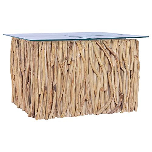 Couchtisch mit Glasplatte 66x66x40 cm, Massivholz Teak, handgefertigt, quadratisch, Hellbraun, für Wohnzimmer, Kaffeetisch, Stabiler Beistelltisch von Holamys