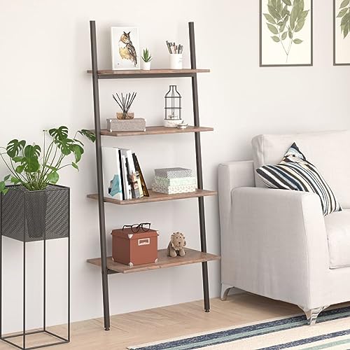 Dunkelbraunes Leiterregal mit 4 Böden, 64x34x150,5 cm, stabiles Anlehnregal aus Holzwerkstoff & Stahl für Bücher, Pflanzen & Deko im Wohnzimmer, Büro oder Bad von Holamys