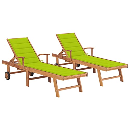 Garten Sonnenliege Set 2 STK. Hellgrün mit Auflagen, Massivholz Teak, verstellbare Rückenlehne, leicht beweglich für Pool, Terrasse und Outdoor-Wohnbereiche von Holamys